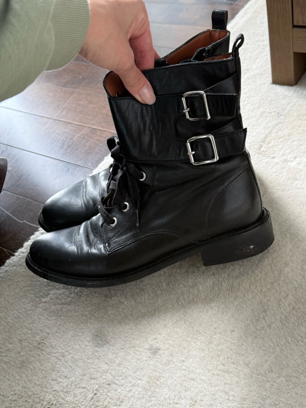 ba&sh Black Leather Buckle Combat Boots